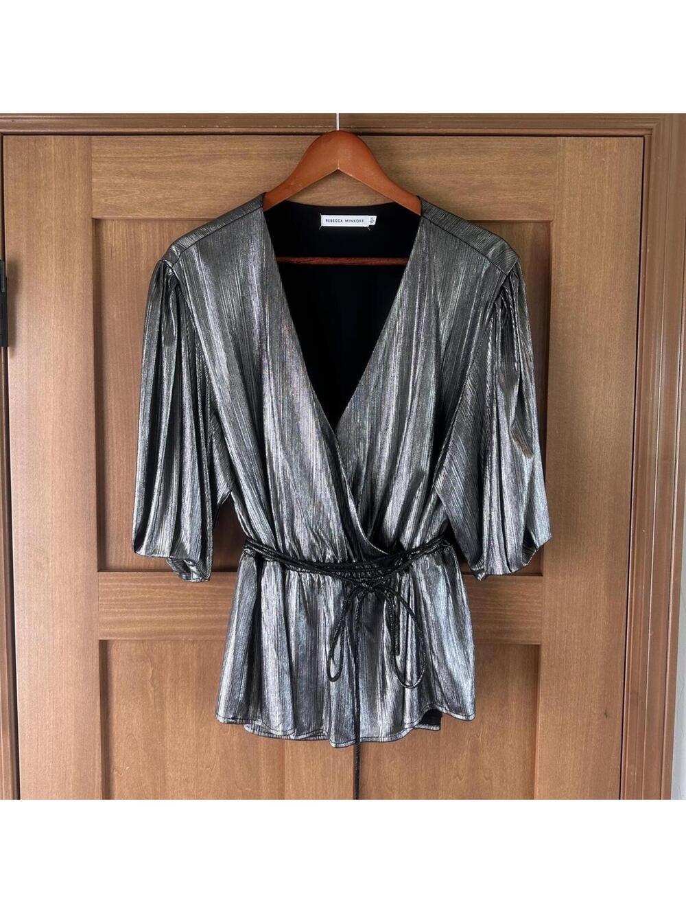 Rebecca Minkoff Mary Wrap Top Blouse in Metallic Gunmetal Silver Women’s size XL